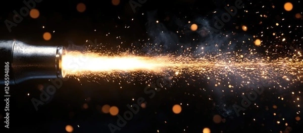 Fototapeta Close up of a welding torch emitting bright sparks against a dark background with a glowing, fiery orange trail and soft bokeh effects in the air.