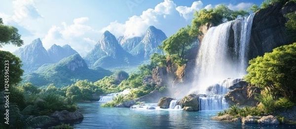 Fototapeta Majestic waterfall cascading over a rocky cliff surrounded by lush greenery and mountains under a bright blue sky with fluffy white clouds.