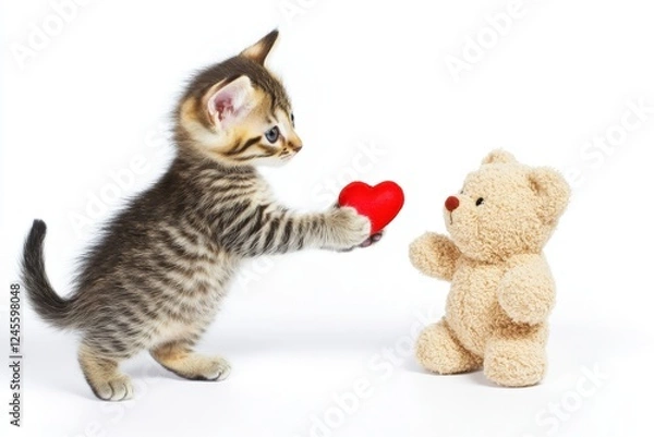 Fototapeta A playful kitten offering a red heart to a teddy bear on a white background, symbolizing love, kindness, and affection, perfect for Valentine's Day and beyond
