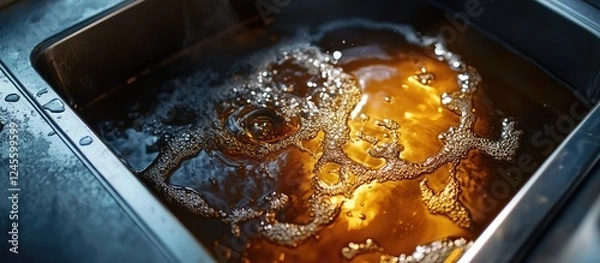 Fototapeta Grease trap with bubbling brown wastewater and oily residue in stainless steel sink, highlighting the separation of fats and fluids in industrial settings.