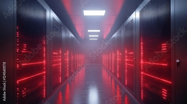 Obraz Red-lit server room corridor, data center, digital security