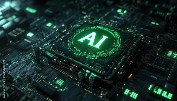Fototapeta Close-up of Electronic Circuit Board with Green AI Processor Icon, Futuristic Technology Concept, Digital Data Processing, Artificial Intelligence Design Element