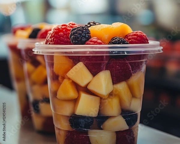 Obraz Fresh fruit salad in plastic cups.