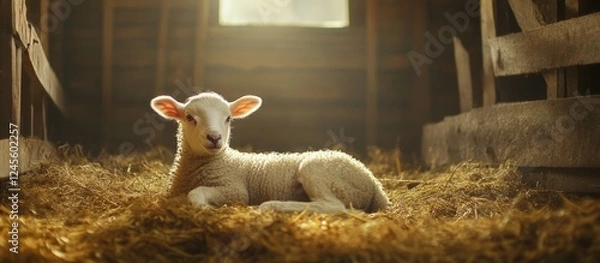 Fototapeta A peaceful scene of a white lamb resting on straw in a cozy cowshed bathed in warm sunlight with soft shadows and ample copy space for creativity.