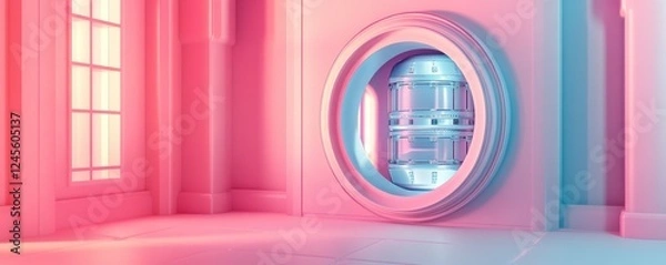 Fototapeta A vibrant, stylized interior featuring circular elements and colorful lighting, creating a futuristic and artistic atmosphere.