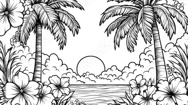 Obraz Tropical sunset beach scene, palm trees, hibiscus, ocean