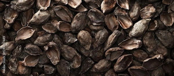 Fototapeta Dark brown cacao shells and cocoa bean husks arranged in a textured pattern create a rich, earthy backdrop for natural and organic themes.