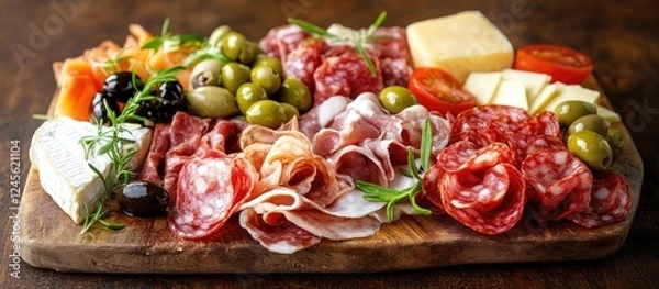 Fototapeta Colorful delicatessen platter with assorted meats cheeses olives and fresh vegetables arranged artistically on a rustic wooden board.