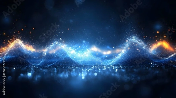 Fototapeta Abstract blue background with glowing lights and cosmic resonance depicting sound waves and patterns
