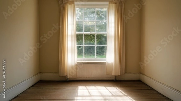 Fototapeta A home interior with light streaming through a window with no curtains.