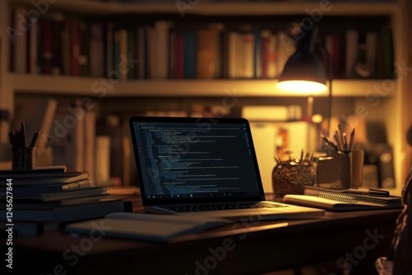 Fototapeta Learning and Knowledge: Late night coding session in a cozy study filled with books and warm light, Representing Education, Research, and Intellectual Growth, Perfect for Educational Content