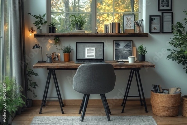 Fototapeta Stylish home office setup with A-frame desk, black metal legs, wooden top, side shelves for storage, grey fabric chair, and decor elements for a functional workspace.