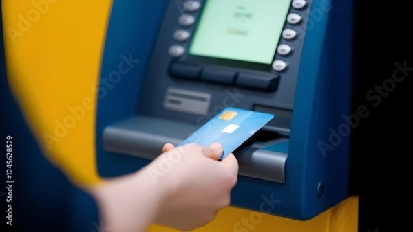 Fototapeta Close-Up of Hand Holding a Debit Card in Front of an ATM – Banking and Financial Transactions