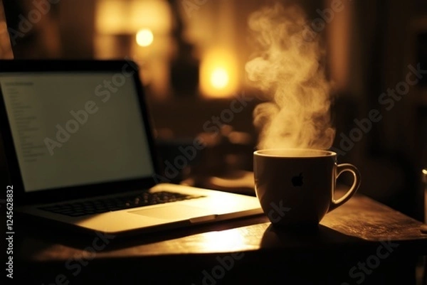 Fototapeta Study and Productivity: Warm coffee cup sits beside a laptop in a cozy dimly lit room during the evening, Conveying Focus and Learning, Great for Academic and Business Use