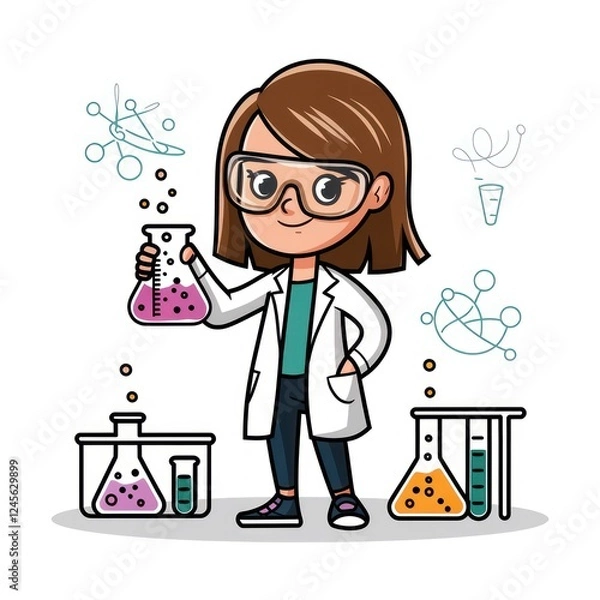 Fototapeta a cute cartoon illustration of a female scientist holding a flask in a lab.  She wears goggles and a lab coat.