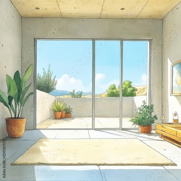 Fototapeta Room with a large window and a view of the mountains