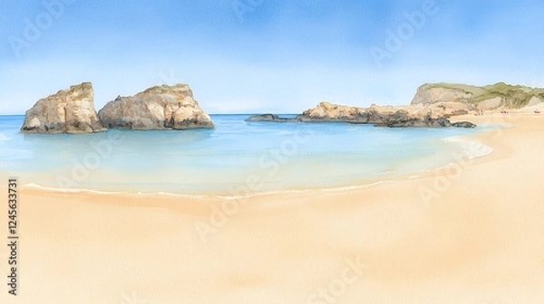Fototapeta Serene Coastal Scene with Calm Waters and Sandy Beach Under a Clear Blue Sky, Evoking Peacefulness and Tranquility