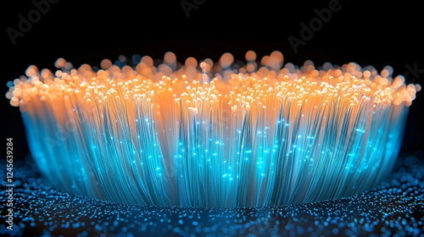Fototapeta Luminous fibers radiating vibrant orange and blue hues, resembling a glowing abstract design with a captivating texture and dynamic light patterns on a dark background.