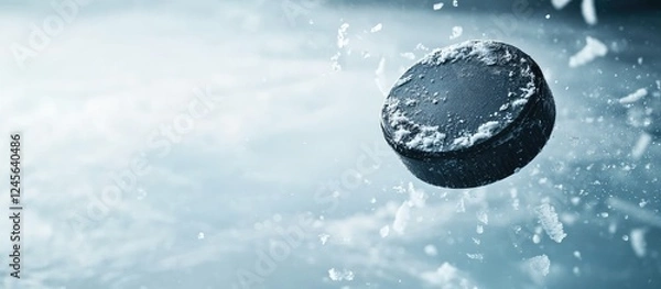 Obraz Frozen hockey puck gliding above the icy surface with a cool blue background highlighting motion and dynamic energy in sports.