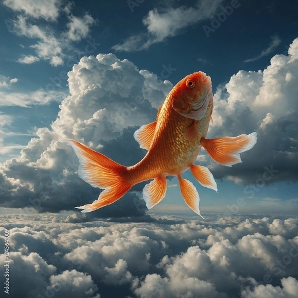 Obraz "A surreal painting of a giant goldfish floating through the sky among fluffy clouds, its tail trailing like a comet."