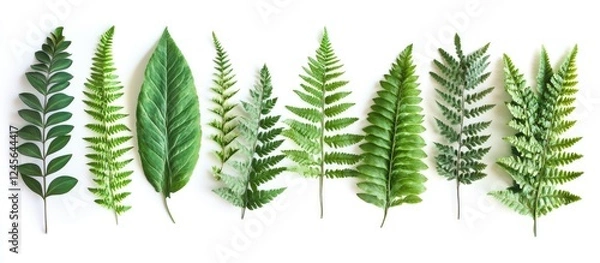 Fototapeta Lush green fern leaves and tropical plants arranged in a flat lay on a clean white background creating a fresh natural aesthetic.