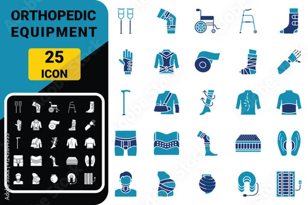 Obraz Orthopedic Equipment icon set. Crutches, Knee Brace, Ankle Support, Back Brace, Orthopedic Boot, and Mobility Aid.
