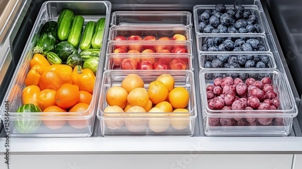 Fototapeta A well-organized fridge with fresh produce and clear storage bins.