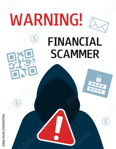 Fototapeta Warning vertical banner, poster about financial internet fraud. Fake QR code, SPAM mailing, hacking. Unknown man in a hood. Phishing scam concept.