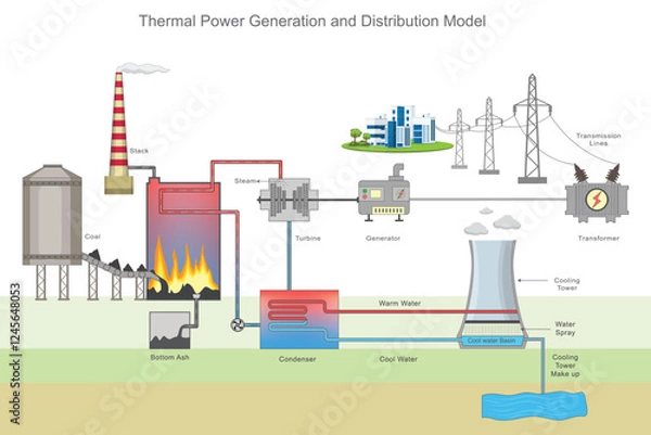 Fototapeta A coal-based thermal power generation and distribution model illustrating electricity production from coal combustion, steam turbines, generators, and power transmission to the grid