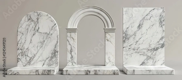 Fototapeta Elegant white marble podiums featuring three distinct designs, smooth textures, and sophisticated shapes on a neutral gray background.