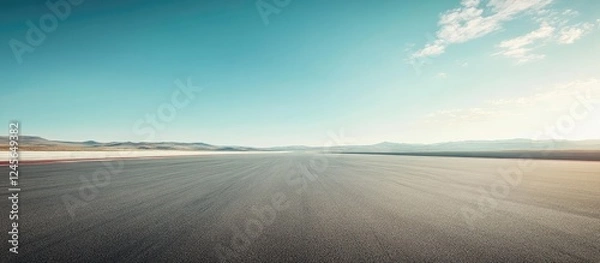 Obraz Vast deserted raceway under a clear blue sky with an expansive horizon featuring empty asphalt track stretching into the distance against distant mountains
