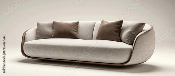 Fototapeta Contemporary beige sofa with rounded edges and brown accent pillows centered against a soft gray background showcasing modern design aesthetics.