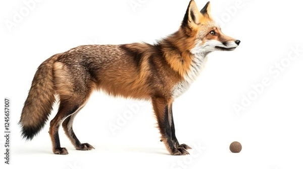 Fototapeta A realistic fox standing on a white background, intently watching a small ball nearby