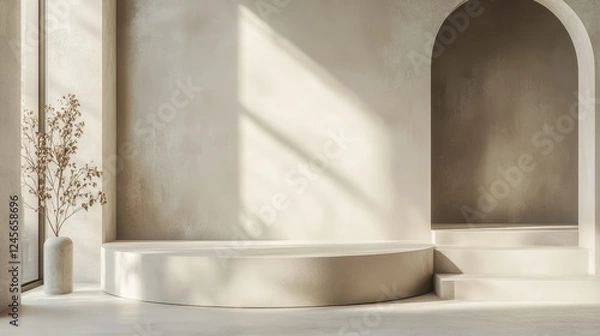 Fototapeta A simple, light grey podium with smooth edges, set against a neutral backdrop