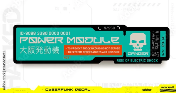 Fototapeta Cyberpunk decal. Vector sticker, label in futuristic style. Japanese hieroglyphs for Osaka Motors, Power Module