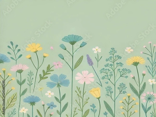 Fototapeta 감성 파스텔 꽃 일러스트 배경 미니멀한 플로럴 배경, 핸드폰, 데스크탑, 홈 데코용