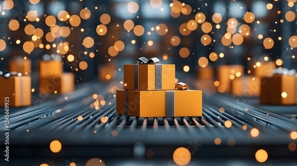 Fototapeta Enchanting Scene of Gift Boxes on a Conveyor Belt Surrounded by Dazzling Bokeh Lights and Sparks. Warehouse Management System Concept