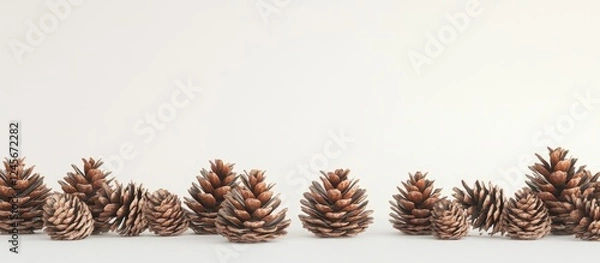 Fototapeta Elegant horizontal display of pine cones in varying sizes on a neutral background with ample white space for text or branding placement.