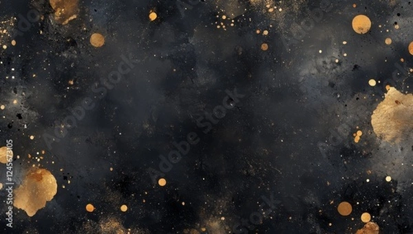 Fototapeta Gold ink splatters on dark background, cosmic texture, design element