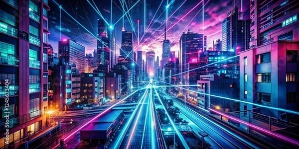 Fototapeta Futuristic Cityscape: Exploring Digital Networks Through Neon Lights and Holographic Projections
