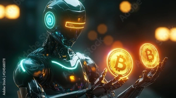 Fototapeta A highly advanced AI robot, glowing with neon accents, grasping glowing blockchain cryptocurrency coins in its hands