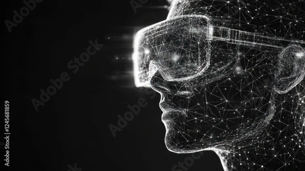 Fototapeta Wireframe head wearing VR headset, digital future.