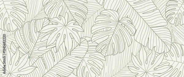 Obraz Tropical leaves background vector. Natural jungle monstera palm leaves design in minimal pale green color with contour line art. Design for fabric, print, cover, banner, decoration, wallpaper.