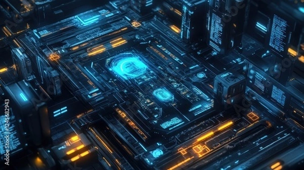 Fototapeta Futuristic Digital Circuit Board with Neon Lights and Data Streams