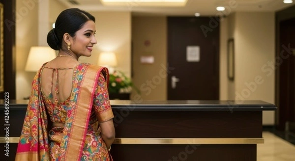 Fototapeta Elegant woman in traditional attire smiling at a reception desk in a luxurious hotel lobby