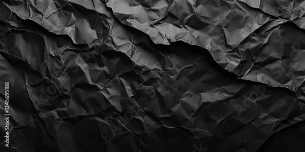 Fototapeta Crumpled damp black paper texture with deep folds and shadows arranged horizontally providing ample copy space for design purposes.
