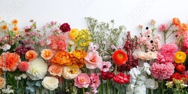 Fototapeta Vibrant assorted floral bouquets in shades of red, pink, orange, and white arranged against a clean white backdrop creating a cheerful display.