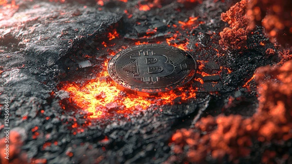 Obraz Bitcoin in Volcano: Cryptocurrency, Finance, and Digital Currency in a Fiery Setting