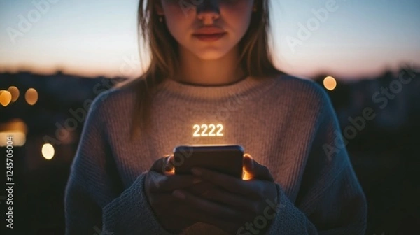 Obraz Woman gazes at phone displaying glowing angel number 222 in an enchanting city environment during twilight hours