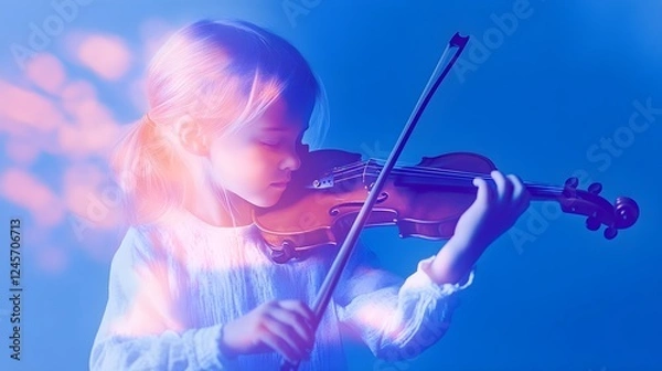 Fototapeta Girl playing violin with gradient grain filter effect